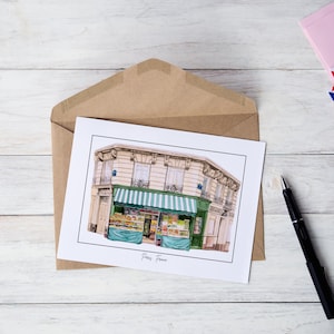 Carte de voeux de Paris | Jeu de 6 cartes | Façades de magasins en français | Bateau sur la Seine | Carte de voeux française | carte de correspondance vierge | Toute occasion | Numérique