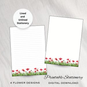 Hojas de papel para escribir tamaño carta (A4, EE. UU.) / Papel rayado y sin rayar / Regalo de papelería / Flores de verano / Juego de escritura de descarga instantánea / Gracias