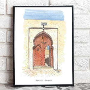 Arte murale marocchina su porta, porta in legno della moschea Merzouga, arte marocchina su legno, stampa del deserto del Sahara, architettura mediterranea, idea regalo da viaggio