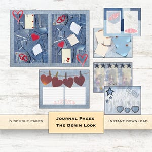 May include: A collection of journal pages with a denim theme. The pages feature denim textures, red hearts, and decorative elements. The text "LOVE" is visible on one page, and the words "JOURNAL PAGES THE DENIM LOOK" are also present.