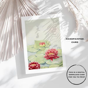 Carte aquarelle nénuphars rouges, carte de voeux fleur vierge nénuphar peinte à la main, art floral aquarelle aquarelle unique, carte pour toute occasion