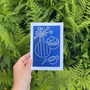 Handprinted Summer Dinner Party Print (Linocut, 7 x 4.5 in.)