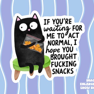May include: A black cat sticker with the text "IF YOU'RE waiting FOR ME TO ACT NORMAL, I hope YOU BROUGHT FUCKING SNACKS." The cat is holding a bag of snacks and sitting on a green stool against a blue and purple striped background.
