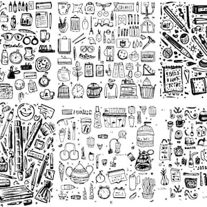 May include: Black and white doodle art featuring various objects like pens, notebooks, teapots, clocks, and other stationery items. The image has a hand-drawn style, with a variety of shapes and sizes, creating a busy, artistic composition.