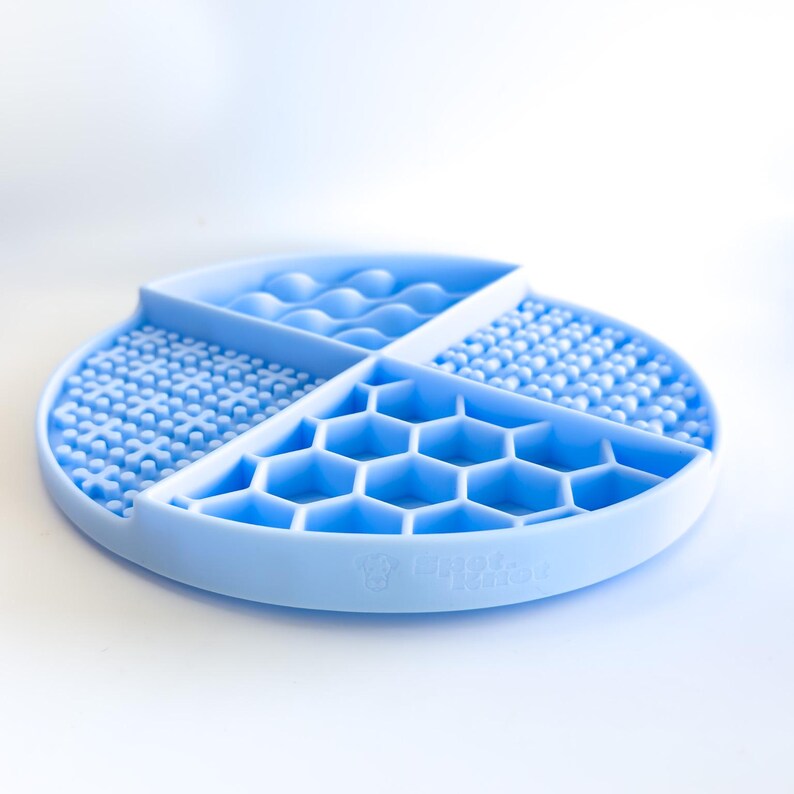 Puzzle Feeder Silicone Lick Mat For Dogs - Slow Feeder Mat Holds 3 Cups, Dishwasher Safe, Blue Denim Design