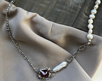 Ruby Pearl Necklace Silver | Mixed Chain Pearl Necklace | Baroque Pearl Ruby Crystal | Tarot Card Gift Included | Gift for Her