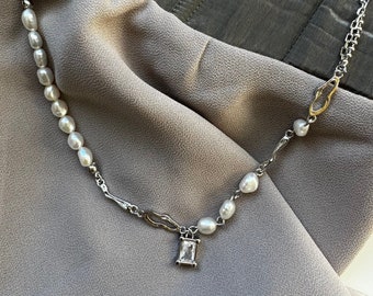 Freshwater Pearl Necklace Silver | Zircon Pendant Pearl Chain | Mixed Chain Pearl Necklace | Tarot Card Gift Included | Gift for Her