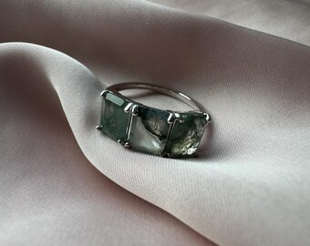 Moss Agate Ring Sterling Silver | Three Stone Emerald Cut | Rhodium Plated 925 | Tarot Card Gift Included | Gift for Her
