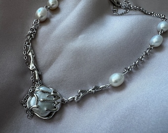 Baroque Pearl Necklace Silver | Ocean Wave Pendant | Freshwater Pearl Chain Necklace | Tarot Card Gift Included | Bridal Gift for Her