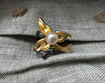 silver gold plated pearl diopside ring nature branch tree ring non-tarnish freshwater pearl flower ring unique design ring gold petals gift