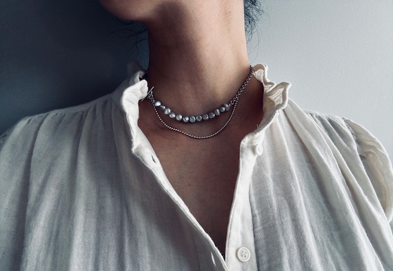 Grey Pearl Necklace Sterling Silver | Half Pearl Half Chain | Toggle Clasp Necklace | Tarot Card Gift Included | Gift for Her