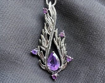 Amethyst Gothic Necklace | Feather Wing Pendant | Sterling Silver | Tarot Card Gift Included | Gift for Her