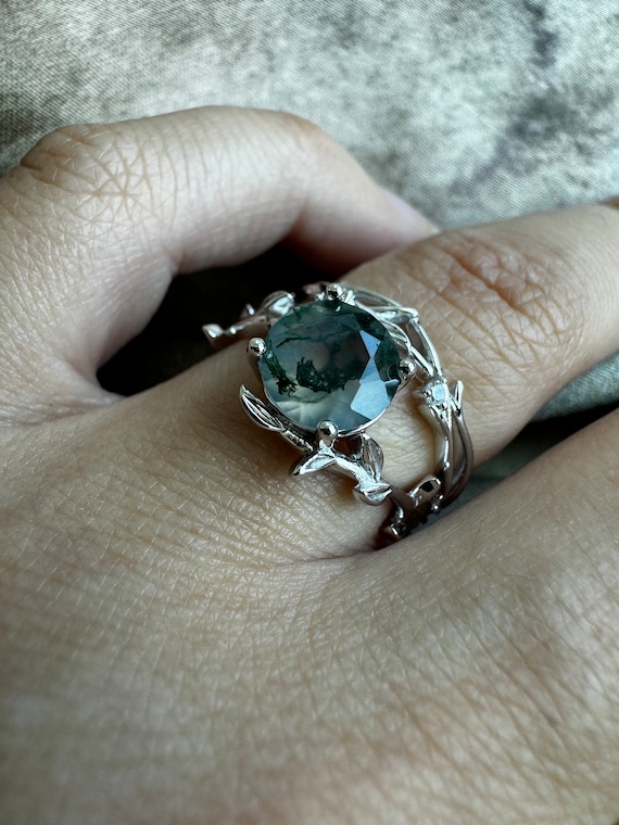 Moss Agate Ring Set | Branch Leaf Band with Zircons | Sterling Silver | Tarot Card Gift Included | Gift for Her