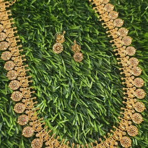 Bottu Mala Long Haram Earrings, Antique Gold Finish, Ruby Pink Green CZ Indian Jewelry