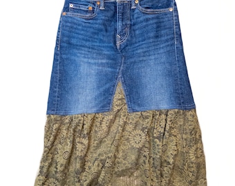 Reworked Womens Size 26 (US 4) Skirt Blue Jean Denim Green Lace Midi Flowy Western Upcycle Cowgirl Rustic