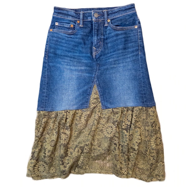 Reworked Womens Size 26 (US 4) Skirt Blue Jean Denim Green Lace Midi Flowy Western Upcycle Cowgirl Rustic