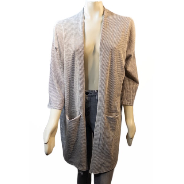 Donni Womens Size Large Cardigan Grey Ribbed Open Front Pockets Minimalist Top