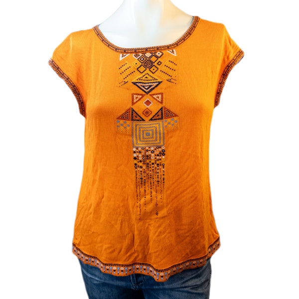 IVKO Womens Size 40 (US M) Blouse Orange Black Tribal Print Short Sleeve Round Neck Lightweight Knit