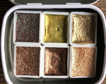 Sacred Earth 6 Color Handmade Watercolor Palette Iridescent Shimmer Metallic Granulating Colors Tin Box Bronze Gold Aquarelle Caligraphy Ink
