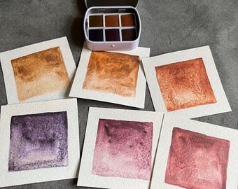 Warm Muted Earth 6 Farben Half Pan Granulating Aquarell Palette, Tin Box Aquarell Kaligraphie, Ocker Burgund Roh Gebrannte Siena Purpur Wein