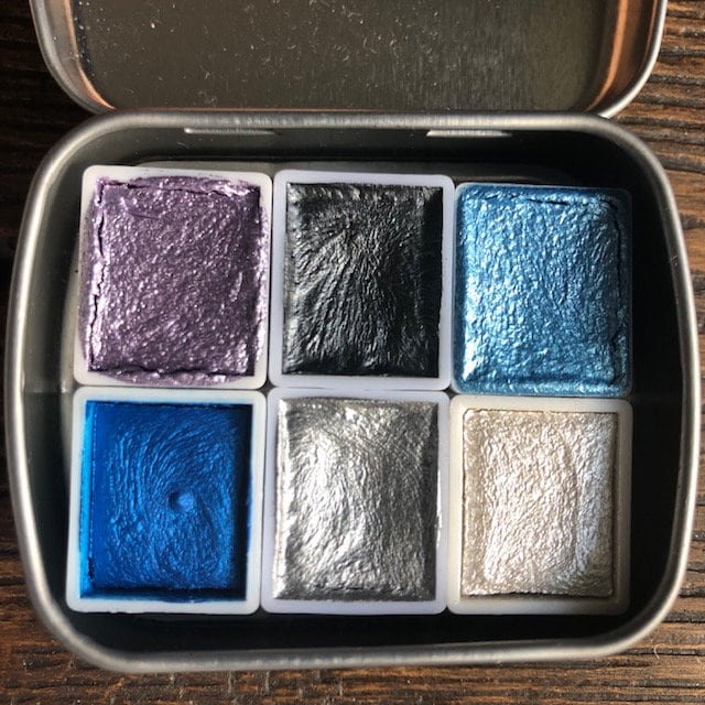 Polar Ice 6 Colour Half Pan Handmade Watercolour Palette Iridescent Shimmer Metallic Granulating Tin Box: Blue Grey Aquarelle Caligraphy