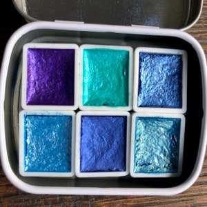 Ocean 6 Colour Handmade Watercolour Palette Iridescent Shimmer Metallic Granulating Colours Tin Box: Blue Purple Aquarelle Caligraphy Ink