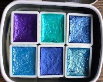 Ocean 6 Colour Handmade Watercolour Palette Iridescent Shimmer Metallic Granulating Colours Tin Box: Blue Purple Aquarelle Caligraphy Ink