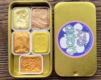 Gold 5 Color Quarter Pan Handmade Watercolor Palette Iridescent Shimmer Metallic Granulating Colors Tin Box Aquarelle Caligraphy