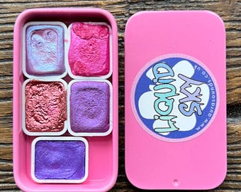 Floral 5 Color Quarter Pan Handmade Watercolor Palette Iridescent Shimmer Metallic Granulating Colors Tin Box Aquarelle Caligraphy
