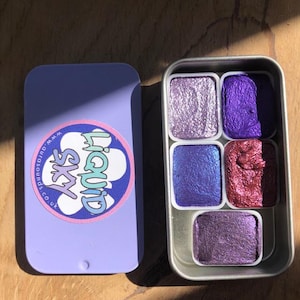 Purple Violet 5 Color Quarter Pan Handmade Watercolor Palette Iridescent Shimmer Metallic Granulating Colors Tin Box Aquarelle Caligraphy