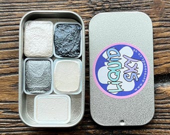 Paleta de acuarela de 5 colores de invierno, hecha a mano, con brillo iridiscente, metálico, granulado, cambio de colores, caja de lata, acuarela, caligrafía