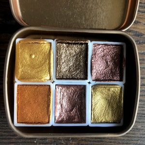 Mineral Earth 6 Color Half Pan Handmade Watercolor Palette Iridescent Shimmer Metallic Granulating, Tin Box Bronze Gold Aquarelle Caligraphy
