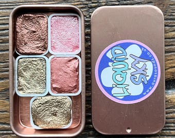 Bronze Rose Gold 5 Color Quarter Pan Handmade Watercolor Palette Iridescent Shimmer Metallic Granulating Colors Tin Box Aquarelle Caligraphy
