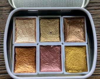 Mineral Earth 6 Color Half Pan Handmade Watercolor Palette Iridescent Shimmer Metallic Granulating, Tin Box Bronze Gold Aquarelle Caligraphy