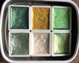 Forest 6 Colour Handmade Watercolour Palette Iridescent Shimmer Metallic Granulating Colours Tin Box: Green Gold Aquarelle Caligraphy Ink