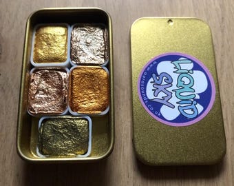 Gold and Bronze 5 Color Quarter Pan Handmade Watercolor Palette Iridescent Shimmer Metallic Granulating Colors Tin Box Aquarelle Caligraphy