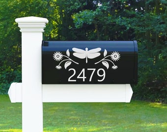 Dragonfly and Flowers Mailbox Vinyl Decal with Custom House Address Numbers