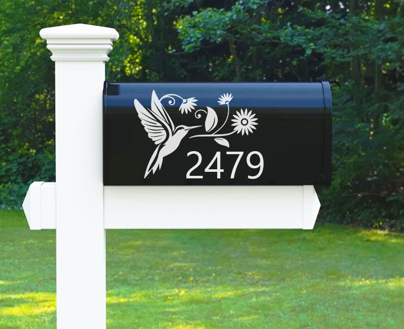 Hummingbird and Flowers Mailbox Vinyl Decal with Custom House Address Numbers