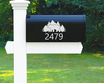 Bear and Trees Mailbox Vinyl Decal with Custom House Address Numbers