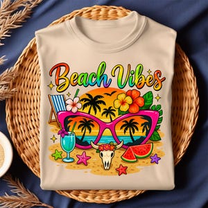 Beach Vibes Shirt with Tropical Sunset PNG-Sunglasses & Summer Elements-Cute Graphic Tee for Vacation-Ocean Lover Tee Png | Digital Download