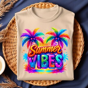 Summer Vibes T-Shirt PNG, Colorful Palm Tree Beach Tee, Retro Tropical Graphic Png, Bright Vacation Aesthetic Design, Summer Fun Digital PNG