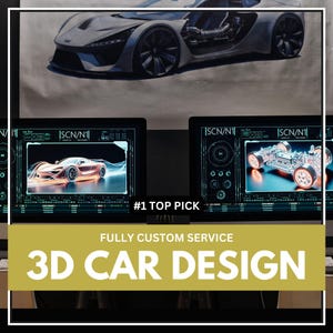 May include: A digitally rendered image showcasing a futuristic gray sports car design. The image features a large print of the car and two computer screens displaying 3D car design schematics. The text "#1 TOP PICK" and "3D CAR DESIGN" are also visible.