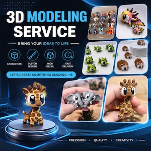 May include: An advertisement for 3D modelling services. The image displays several 3D-printed figurines, including animals and creatures. Text includes "3D Modelling Service" and "Bring Your Ideas to Life." Additional text highlights "Characters," "Custom Designs," "High Detail," and "Fast Delivery."
