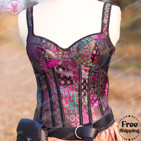 Overbust Renaissance Floral Corset, Medieval Plus Size Victorian Corset, Ren Faire Vintage Lace-up Corset, Elegant Retro Side Zipper Corset