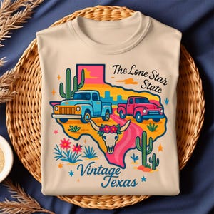Diseño de sublimación vintage del estado de Texas, arte retro del mapa del estado de la estrella solitaria, camionetas del oeste, cactus del desierto, clipart PNG