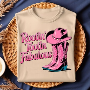 Rootin&#39; Tootin&#39; Fabulous Pink Cowboy Boots & Hat Retro Western T-Shirt Design - Fun, Stylish Graphic Tee for Country Lovers, Rodeo Fans