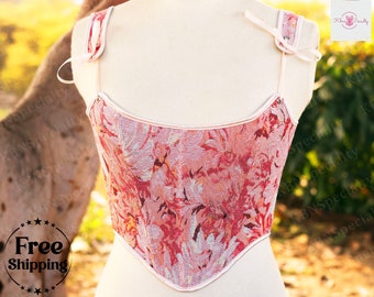 Renaissance Fair Overbust Corset, Fairy Floral Milkmaid Corset, Vintage Medieval Corset Top, Elegant Unique Retro Adjustable Straps Corset