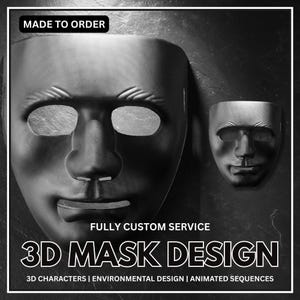 Puede incluir: Imagen en blanco y negro con dos máscaras 3D. La máscara más grande está en primer plano, con aberturas para los ojos y la boca. El texto "MADE TO ORDER" está en la parte superior y "3D MASK DESIGN" en la inferior, con texto adicional.