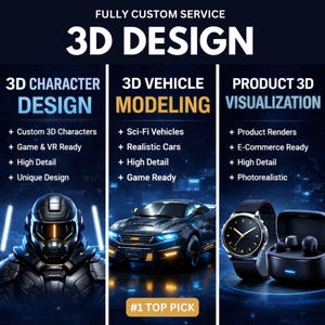 May include: A digital graphic advertising 3D design services. The image showcases 3D Character Design, 3D Vehicle Modeling, and Product 3D Visualization. Each section highlights features like custom characters, game-ready models, and high detail, with a 'Top Pick' badge.