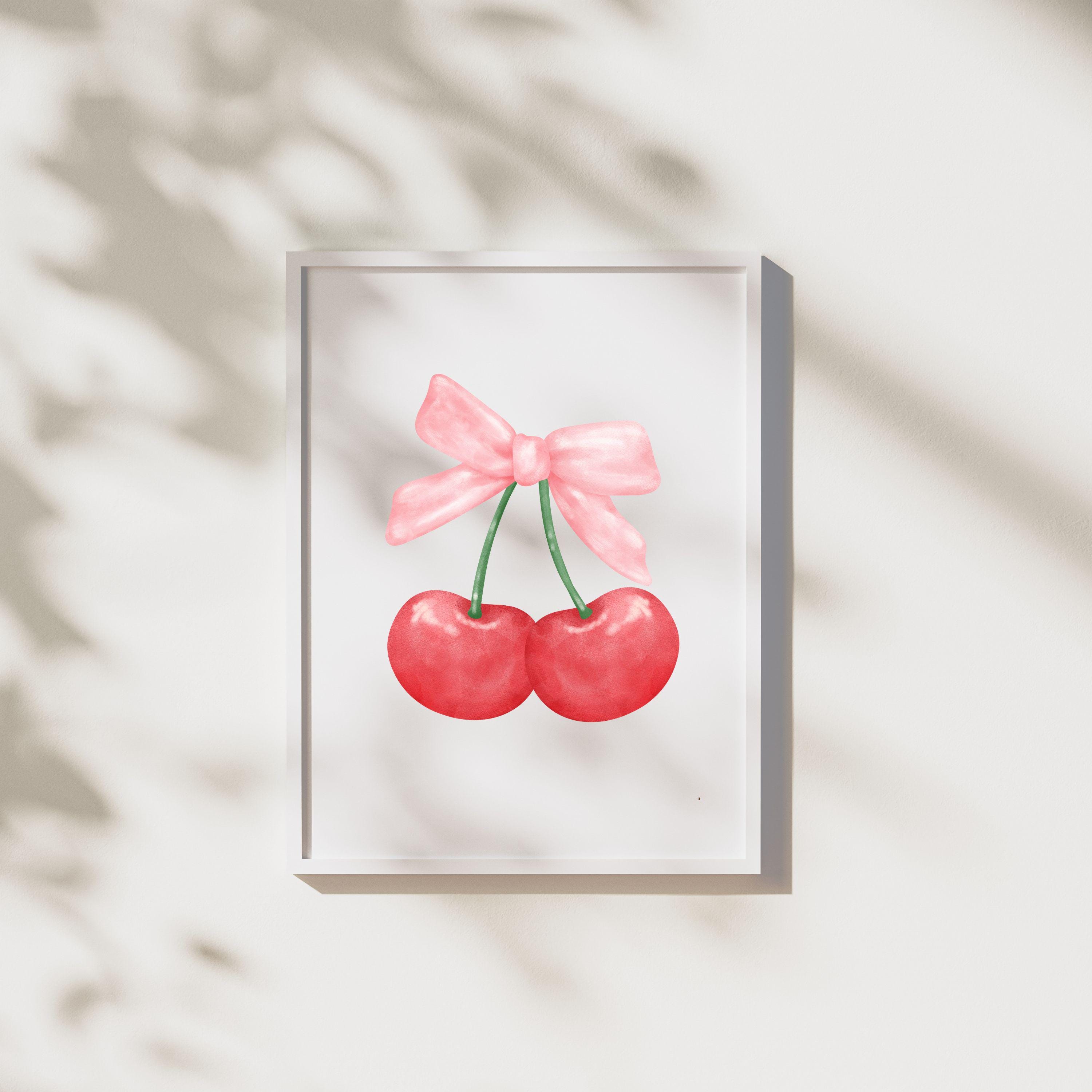 Coquette soft-girl bow & cherries, pink girly room decor, Matte Vertical Poster 9"x11" Wall Decor, Wall art for girly room, gift for her